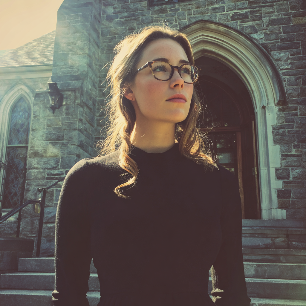 Una mujer vestida de negro y de pie frente a una iglesia | Fuente: Midjourney
