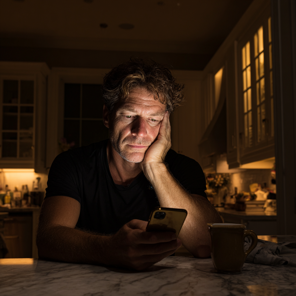 Un hombre sentado en la encimera de la cocina | Fuente: Midjourney