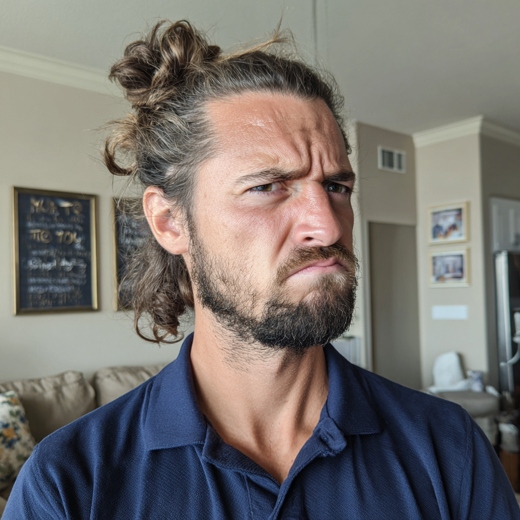 Un hombre enfadado de pie en una sala de estar | Fuente: Midjourney