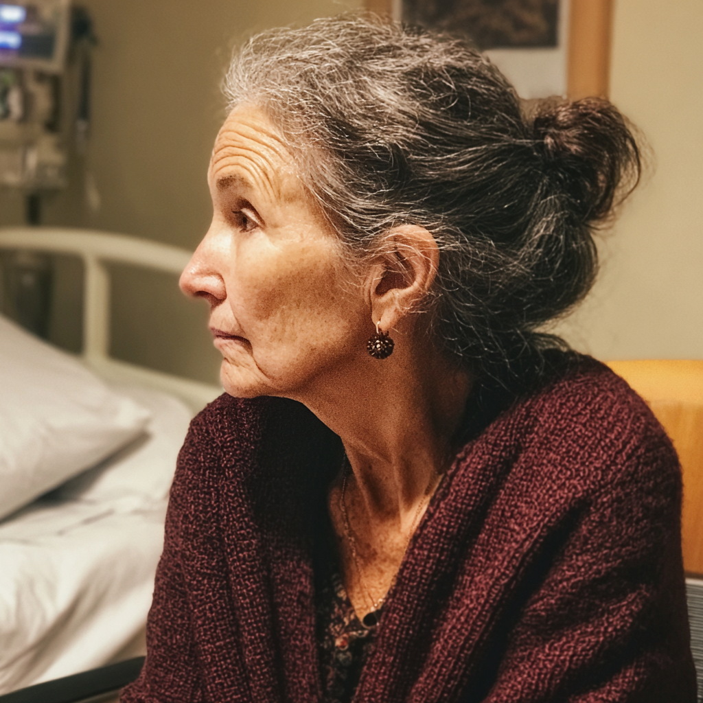 Una mujer preocupada sentada en una habitación de hospital | Fuente: Midjourney