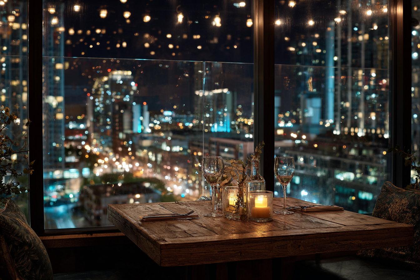 Una mesa de restaurante con vistas a la ciudad | Fuente: Midjourney