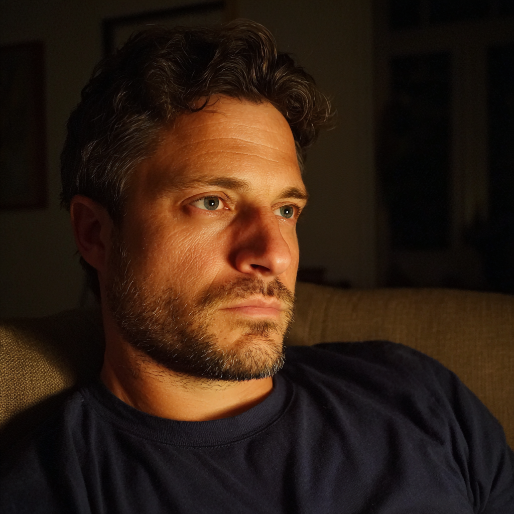 Un hombre preocupado sentado en un sofá | Fuente: Midjourney