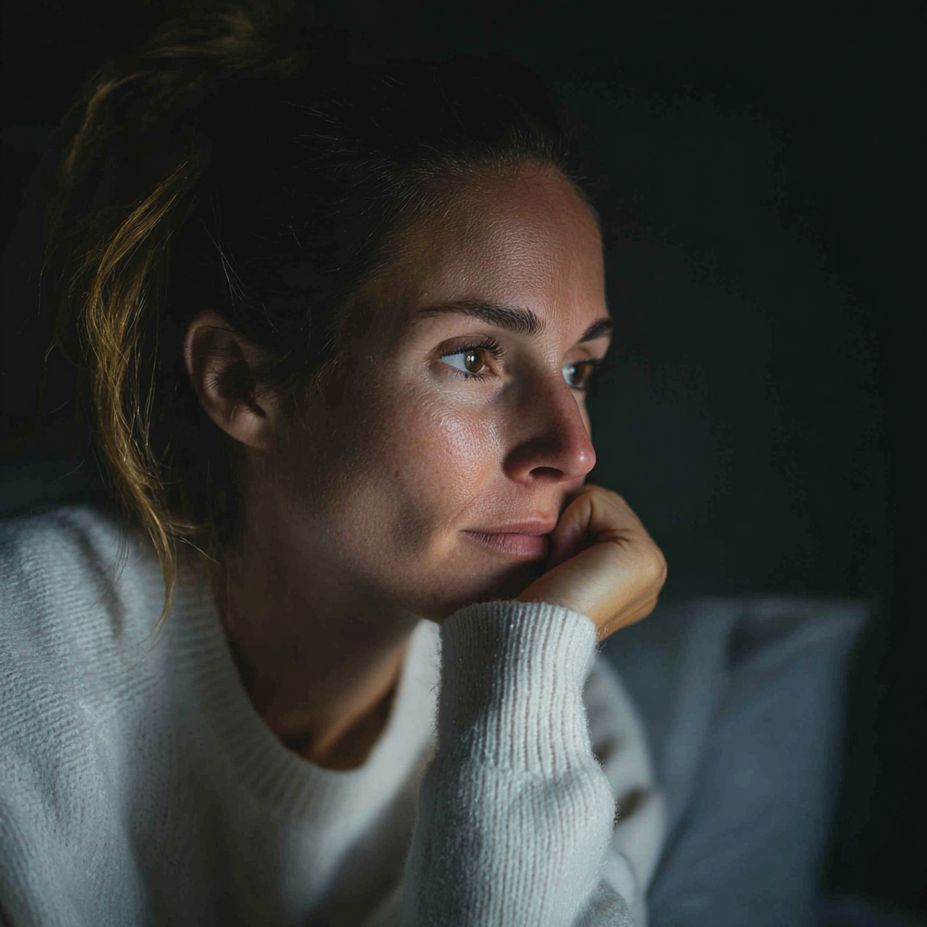 Una mujer con un jersey blanco | Fuente: Midjourney