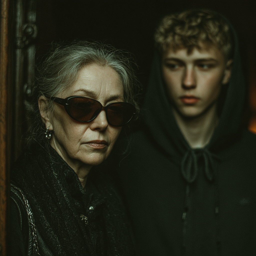 Una mujer seria y su hijo de pie en la entrada de su mansión | Fuente: Midjourney