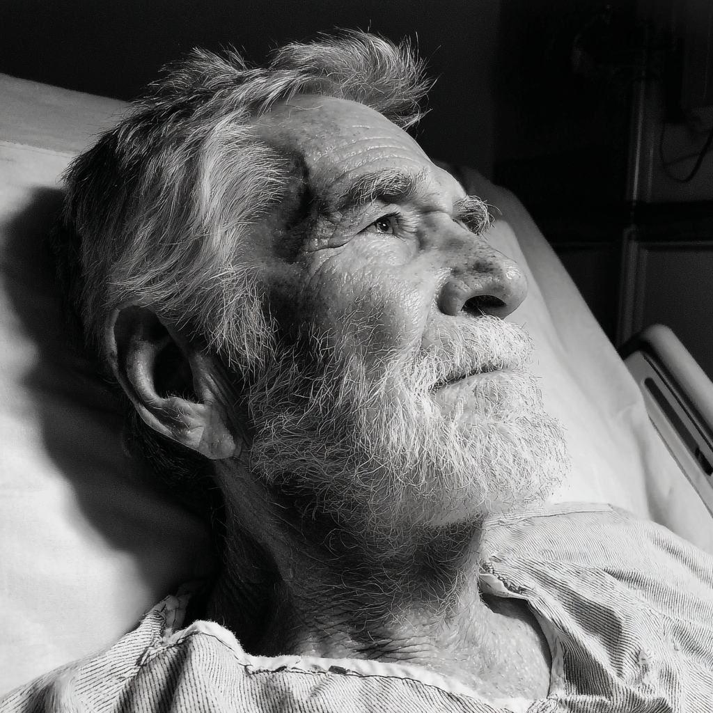 Un anciano descansando en la cama de un hospital | Fuente: Midjourney