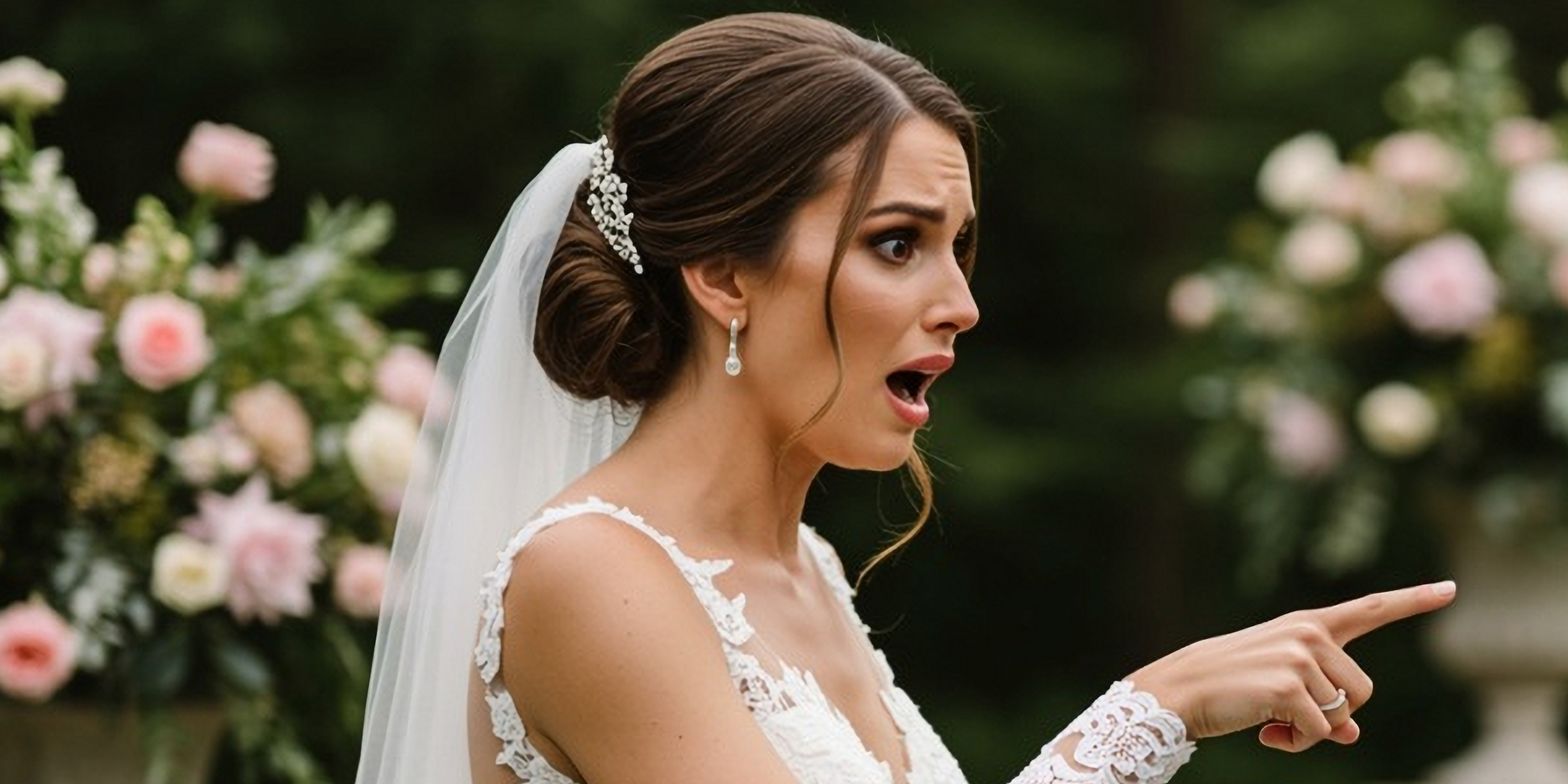 Una novia sorprendida señalando algo | Fuente: Shutterstock