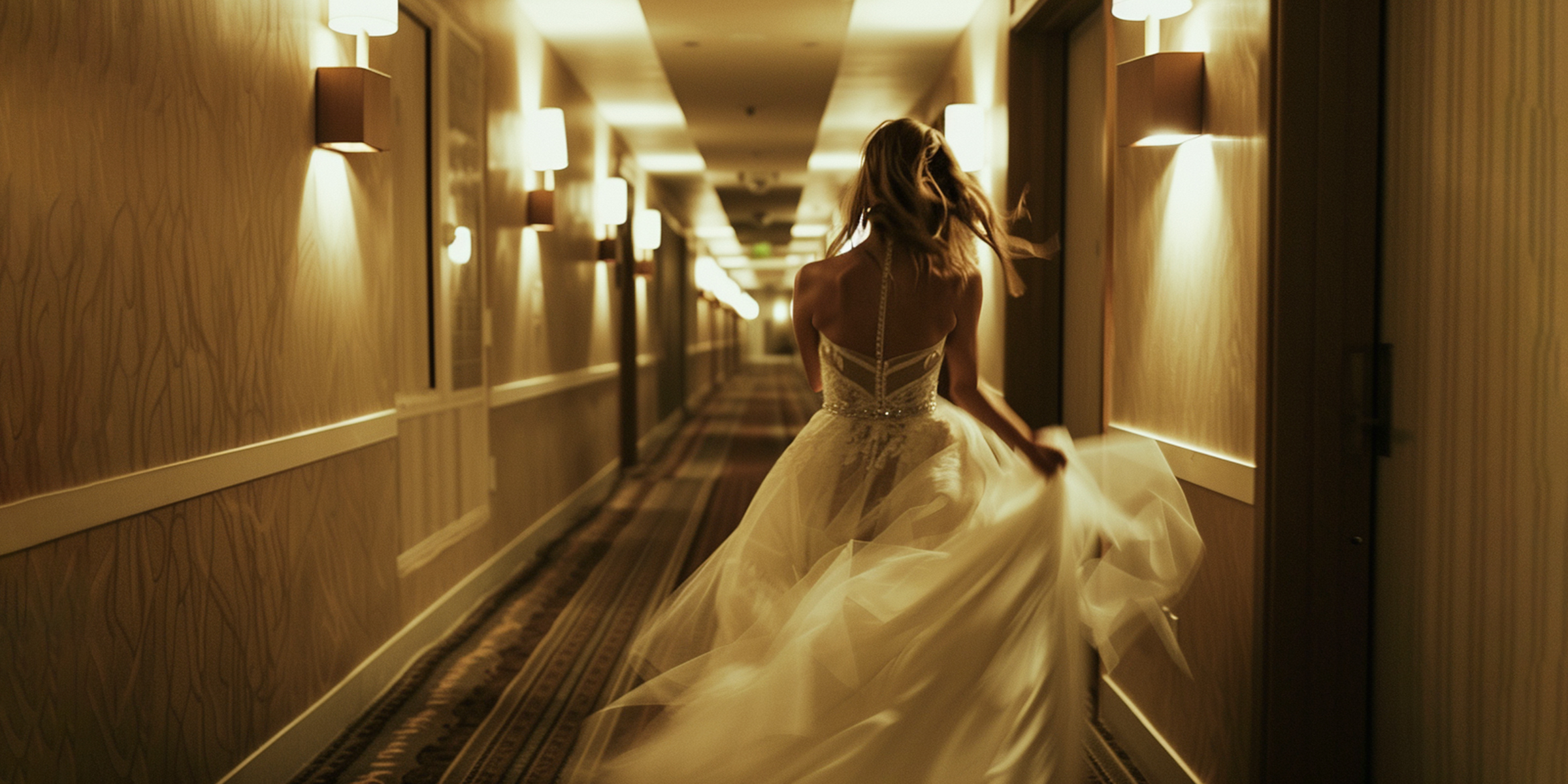 Una novia corriendo por el pasillo de un hotel | Fuente: Midjourney