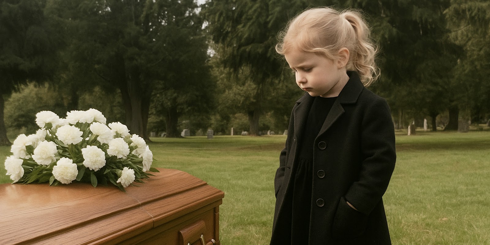 Una niña junto a un ataúd | Fuente: Sora