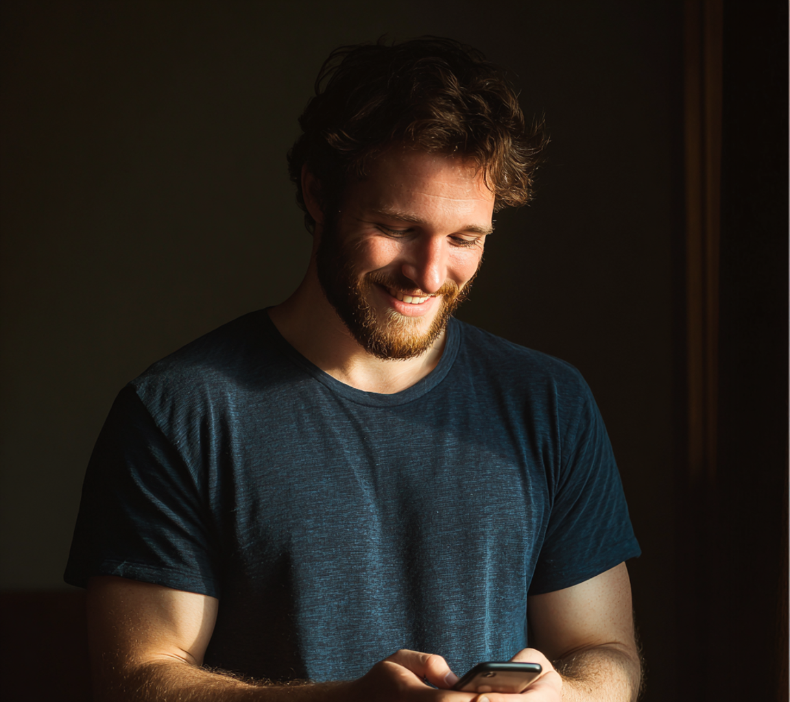 Un hombre usando su móvil y sonriendo | Fuente: Midjourney