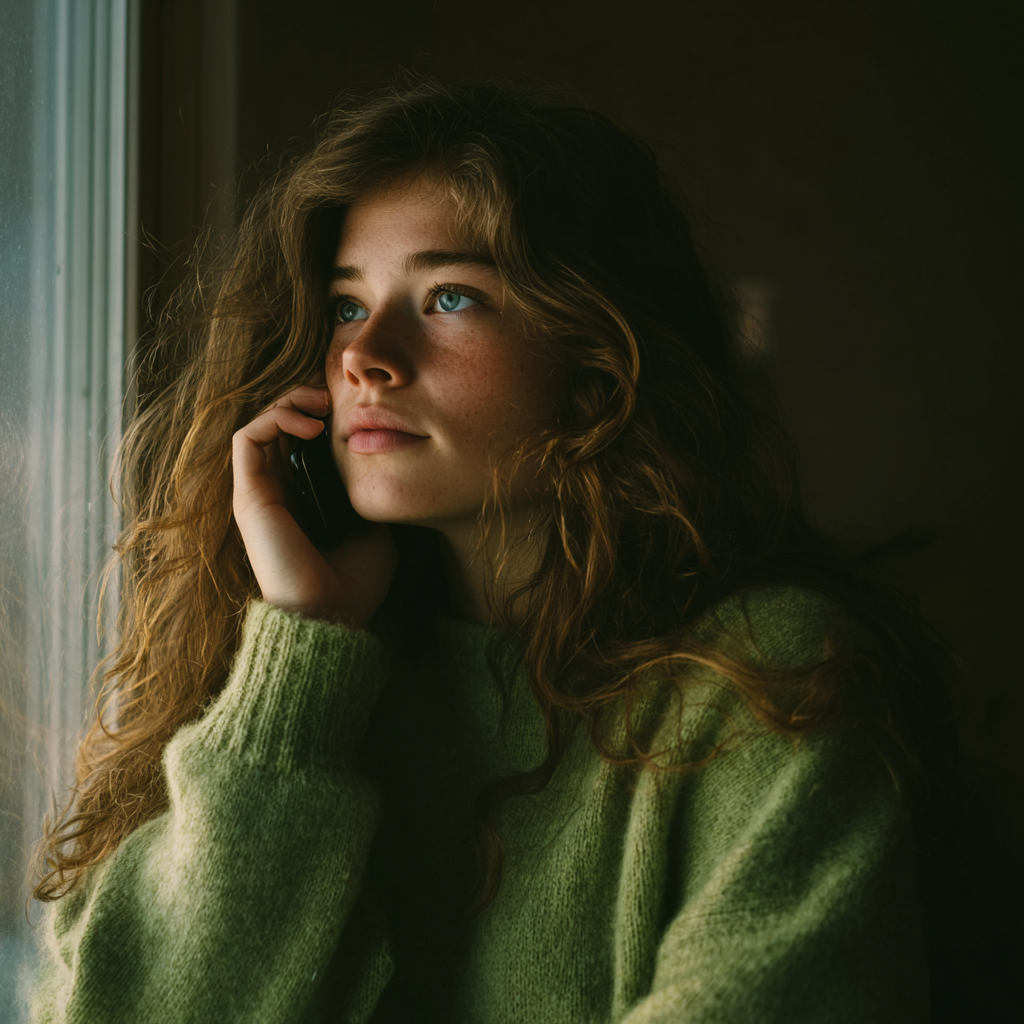 Una joven con un jersey verde hablando por teléfono | Fuente: Midjourney