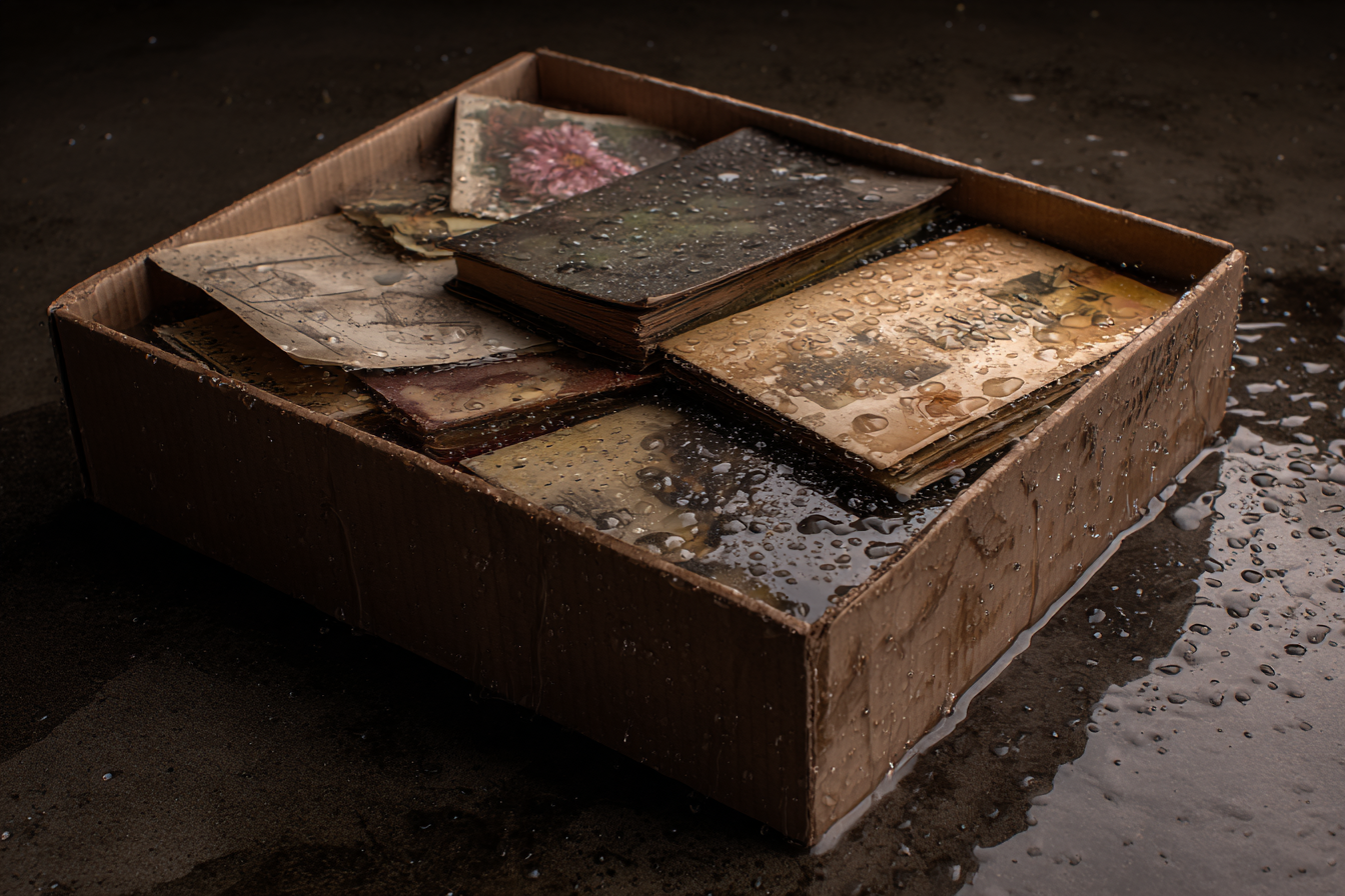 Una caja de fotos empapada en agua | Fuente: Midjourney