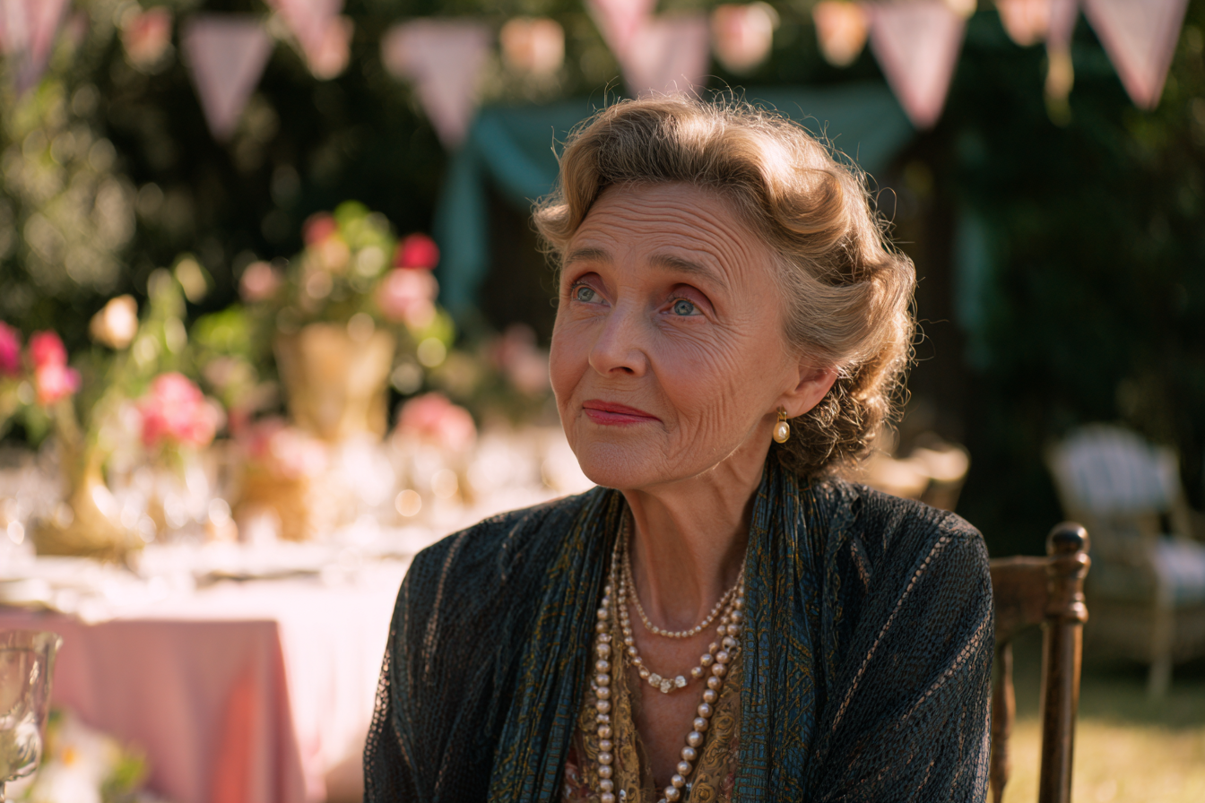 Una mujer mayor sentada en un patio trasero | Fuente: Midjourney