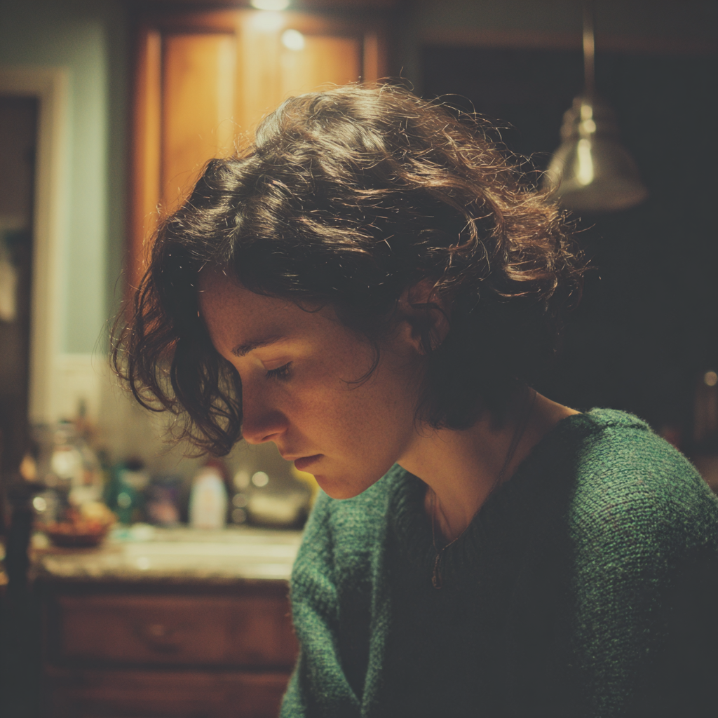 Una mujer emocionada mirando su regazo | Fuente: Midjourney