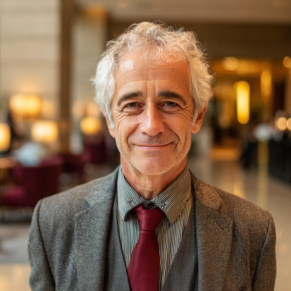 Un sonriente hombre mayor con traje gris | Fuente: Midjourney