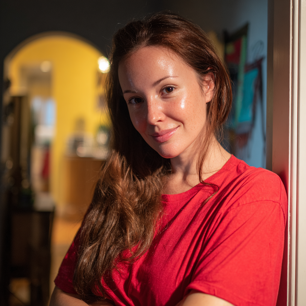 Una mujer sonriente apoyada en el marco de una puerta | Fuente: Midjourney