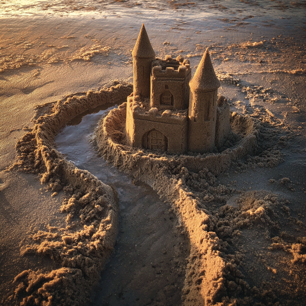 Un castillo de arena con foso | Fuente: Midjourney