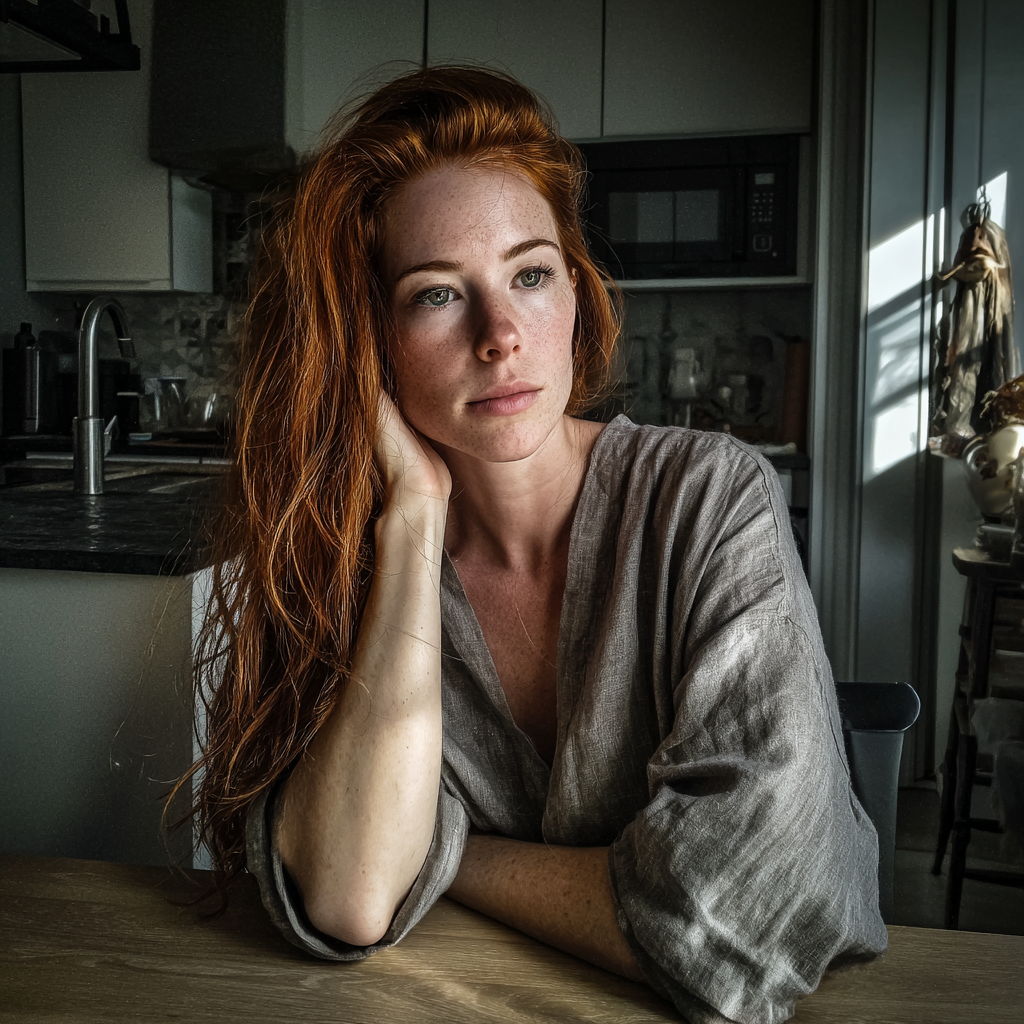 Mujer disgustada sentada a la mesa de la cocina | Fuente: Midjourney