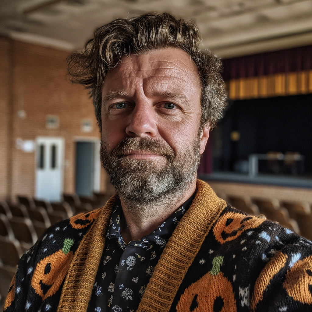 Un profesor sonriente con una rebeca de calabaza | Fuente: Midjourney