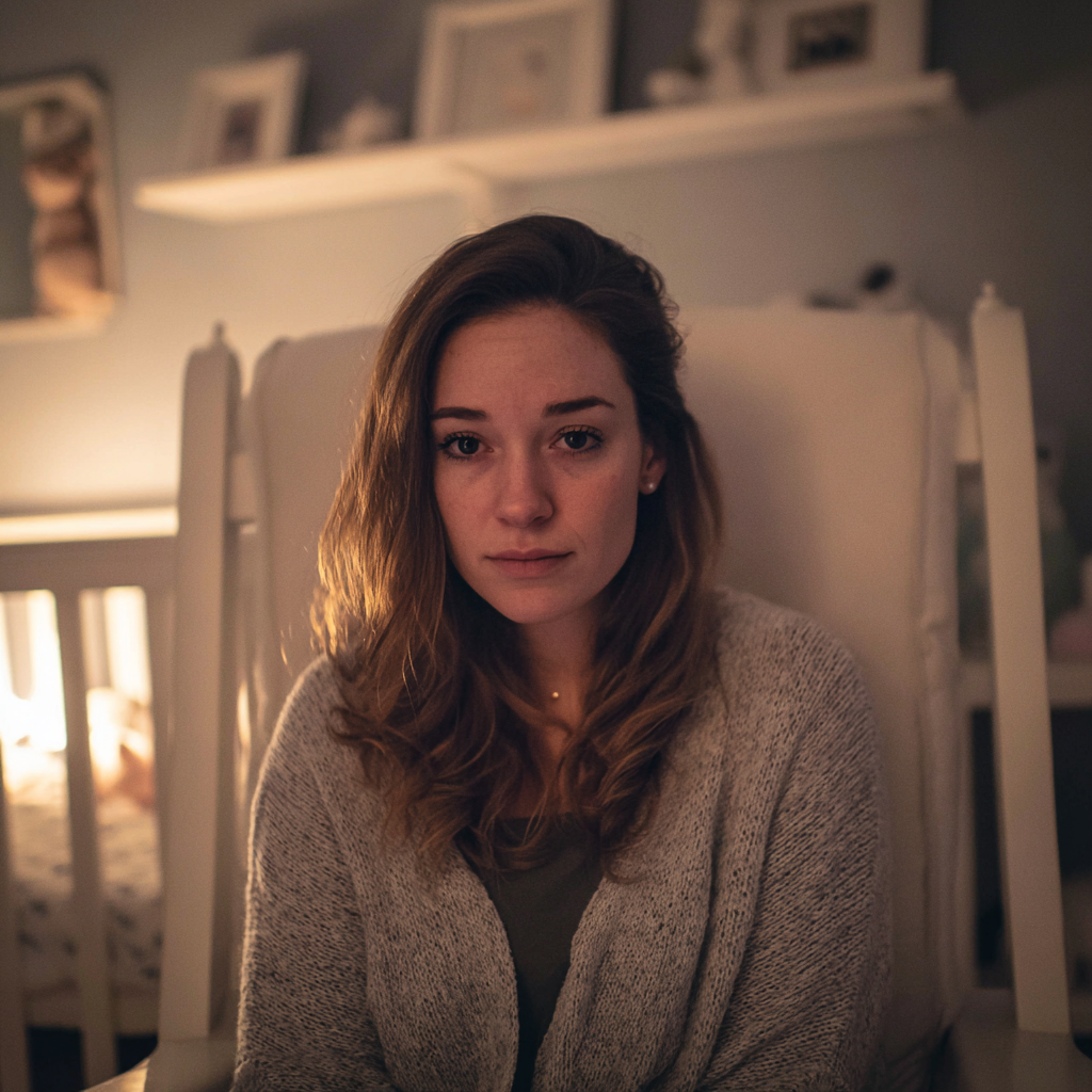 Una mujer pensativa recostada de una cuna | Fuente: Midjourney