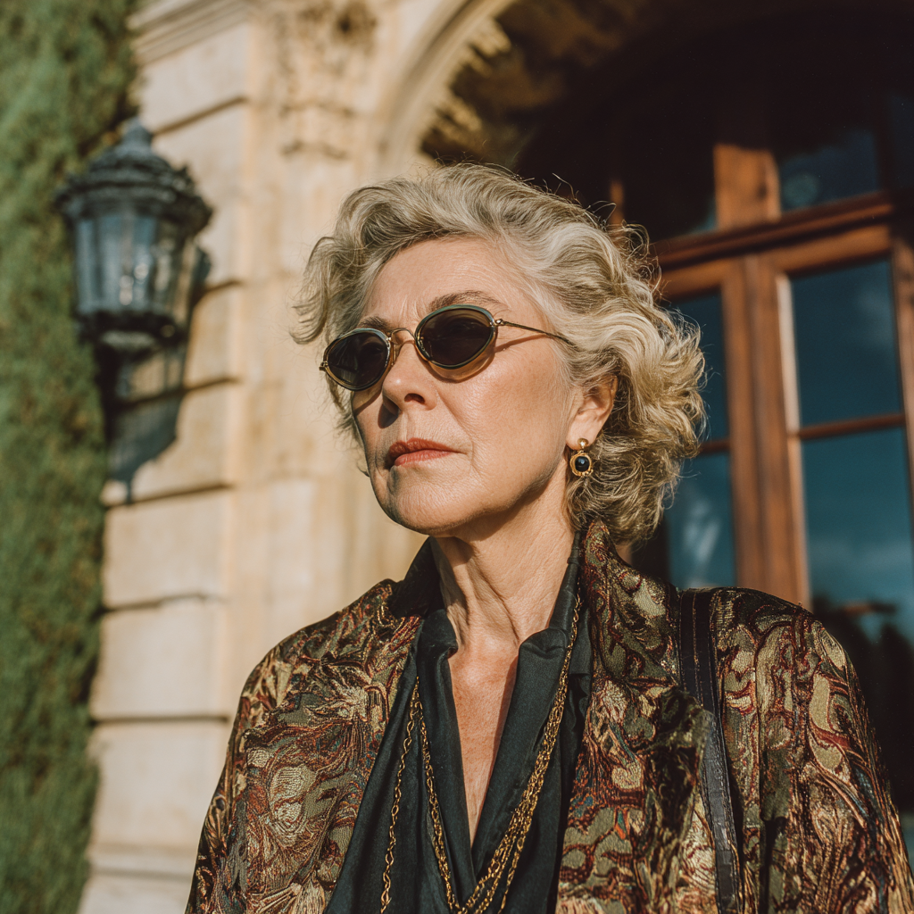 Una mujer seria de pie en la puerta de su casa | Fuente: Midjourney