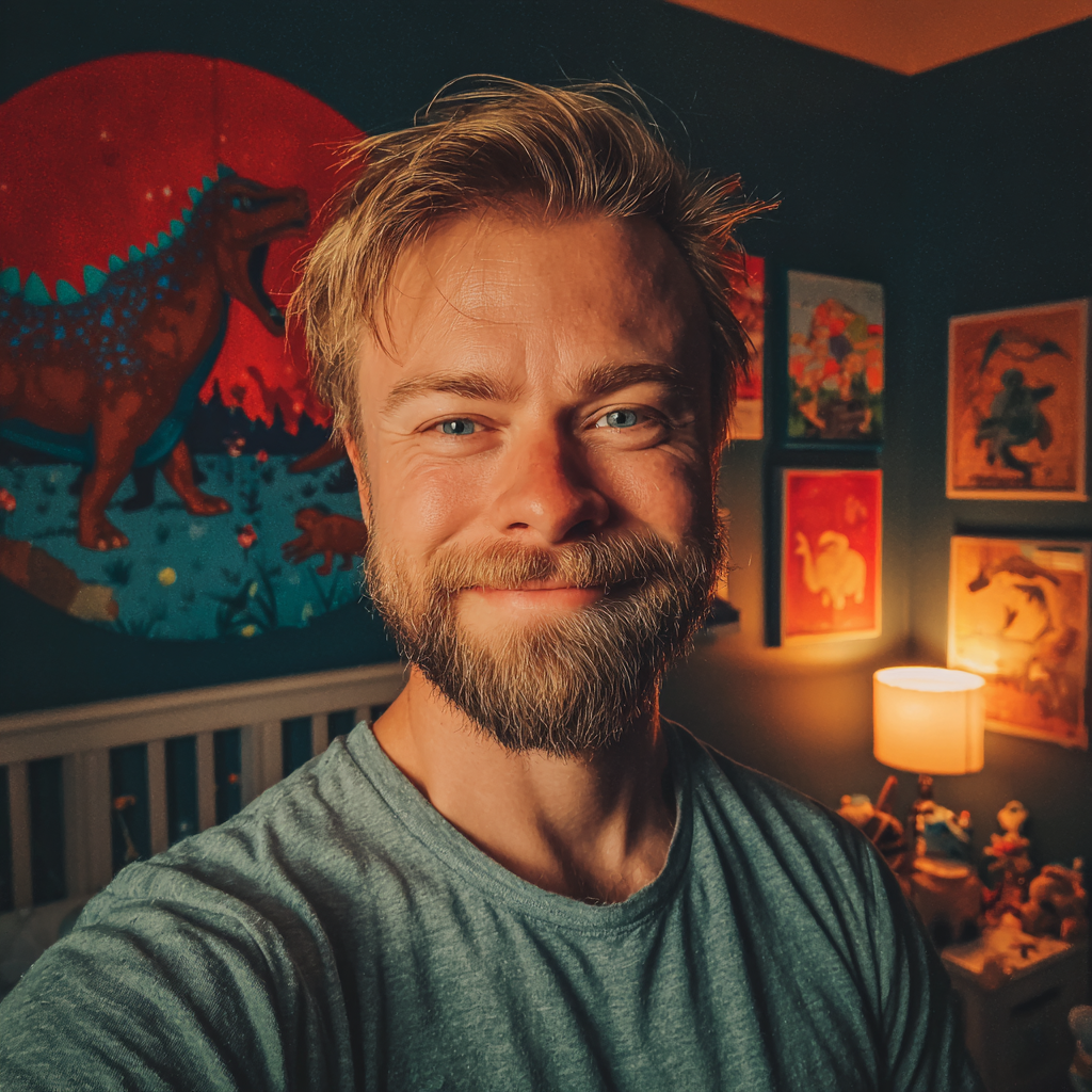 Un hombre sonriente en la habitación de su hijo | Fuente: Midjourney