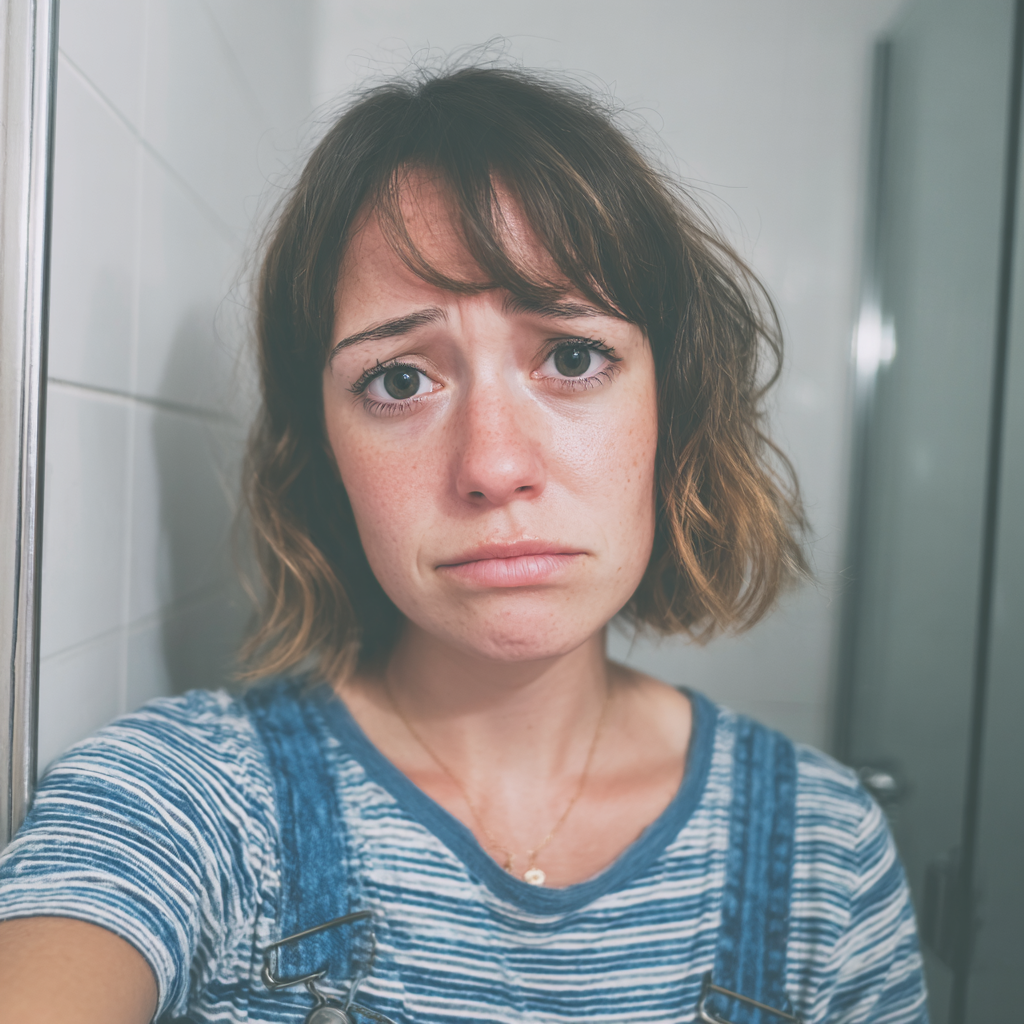 Una mujer emocional mirándose en un espejo | Fuente: Midjourney