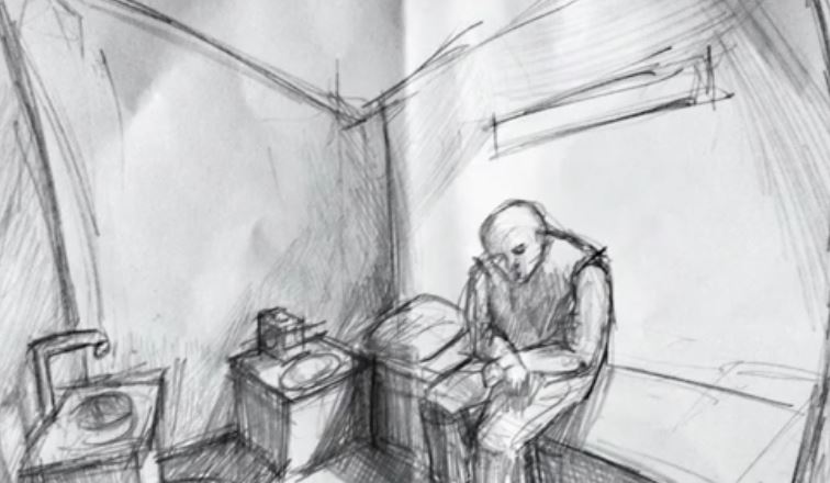 Dibujo de un hombre en una celda pequeña | Fuente: YouTube/TIFF