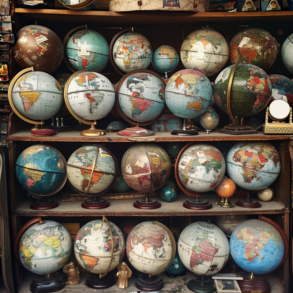 Globos terráqueos antiguos en una estantería | Fuente: Midjourney