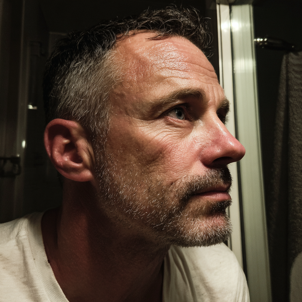 Un hombre pensativo de pie en un cuarto de baño | Fuente: Midjourney