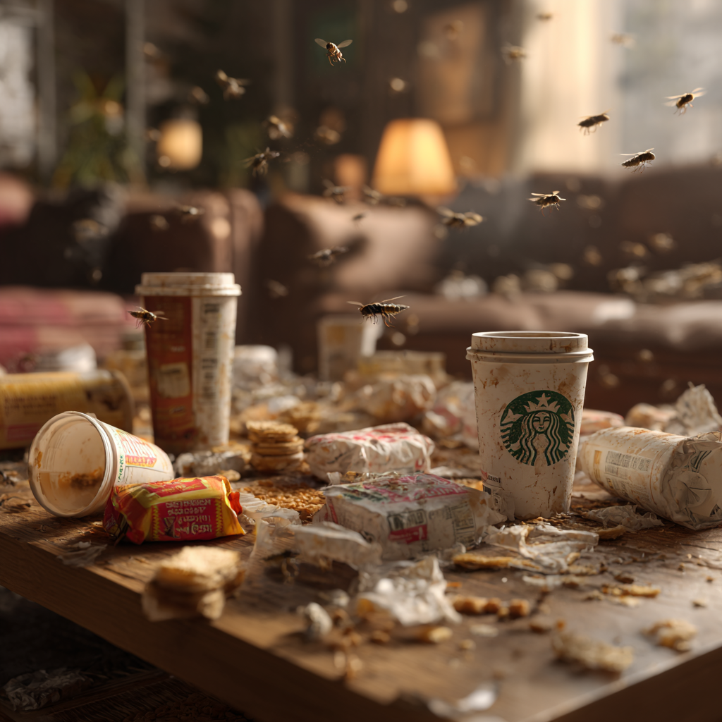 Un amasijo de tazas de café y envoltorios de comida sobre una mesa | Fuente: Midjourney