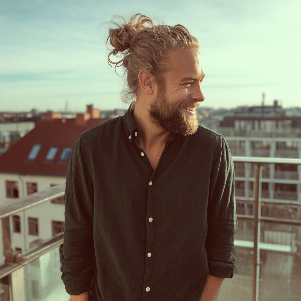Un hombre sonriente en un balcón | Fuente: Midjourney