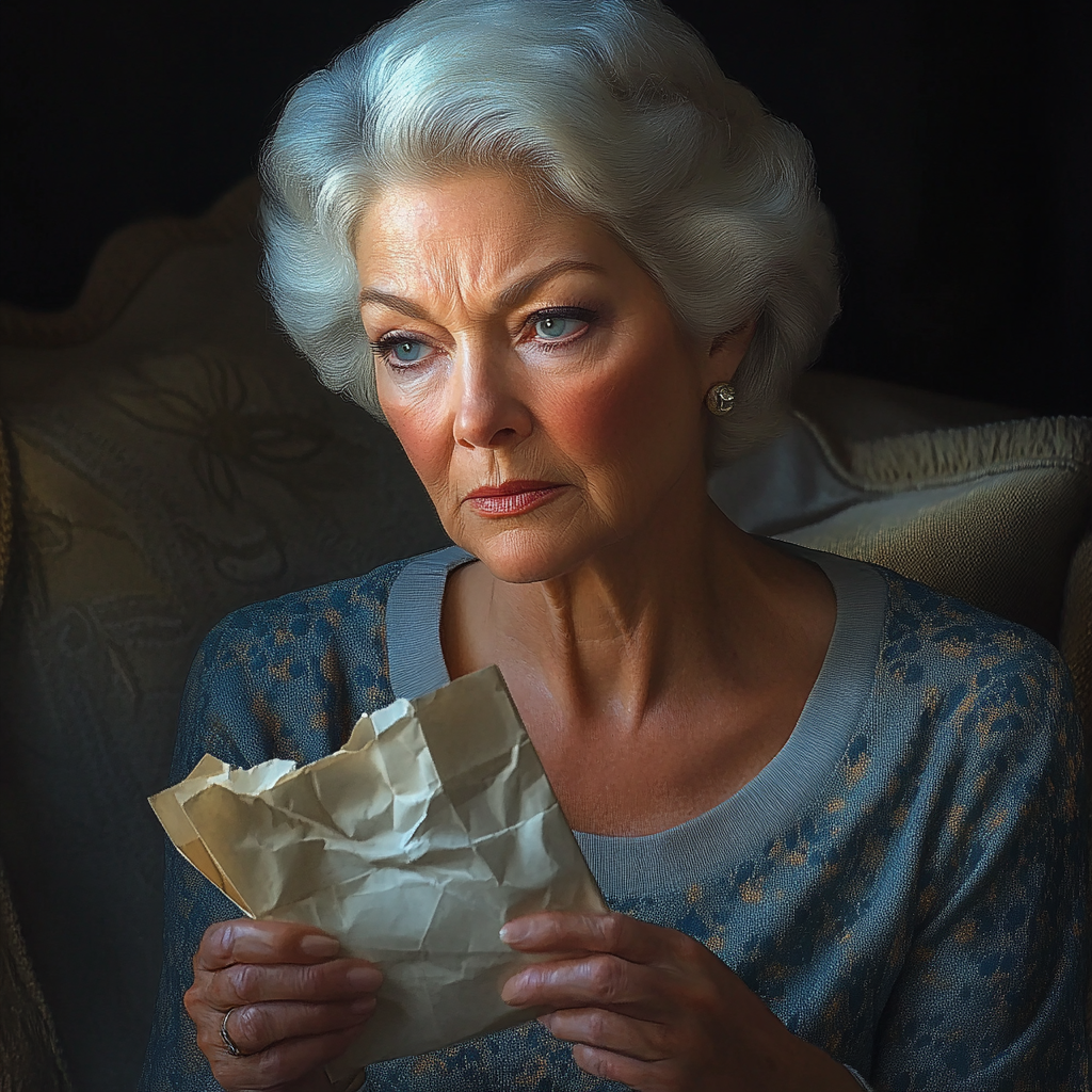 Una anciana triste sosteniendo una carta arrugada | Fuente: Midjourney