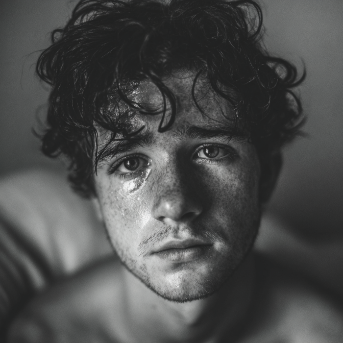 Una foto en escala de grises de un hombre con los ojos llorosos | Fuente: Midjourney