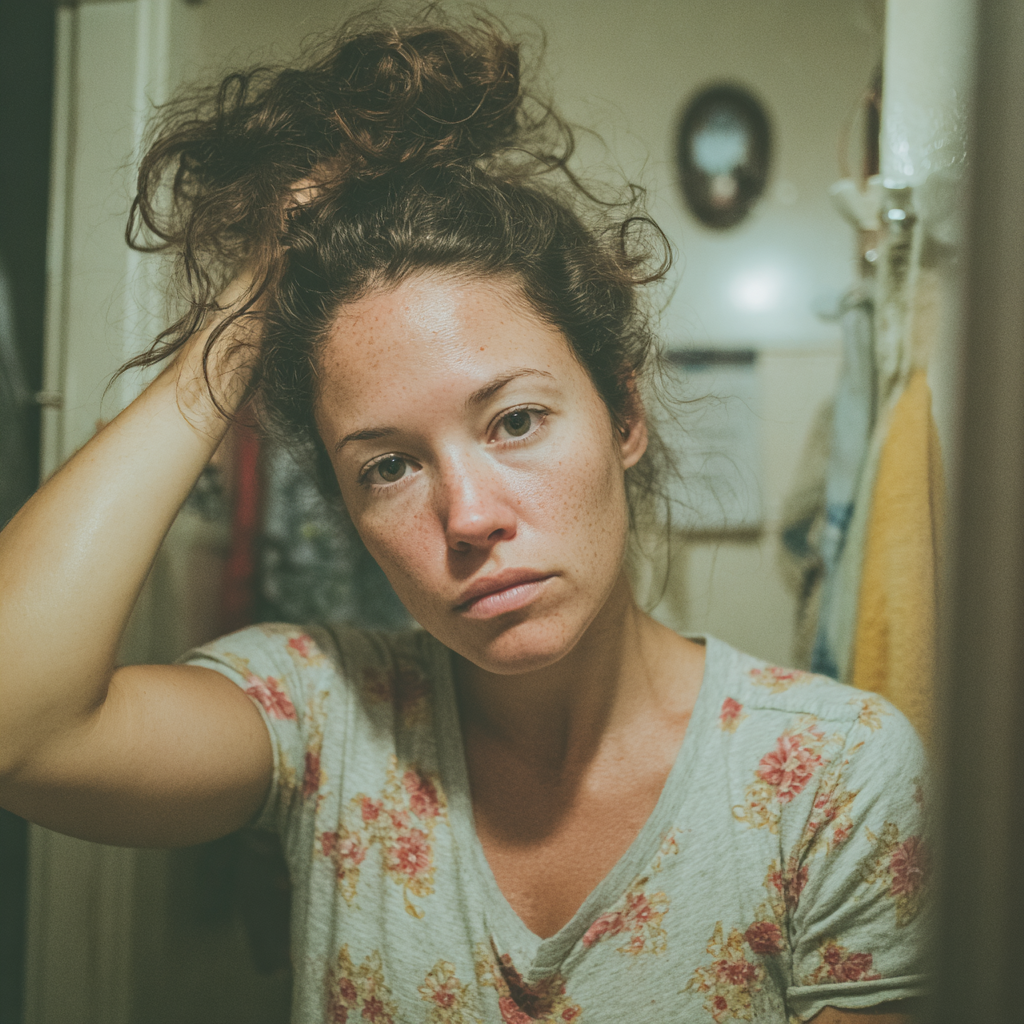 Una mujer desaliñada e infeliz mirando su reflejo | Fuente: Midjourney