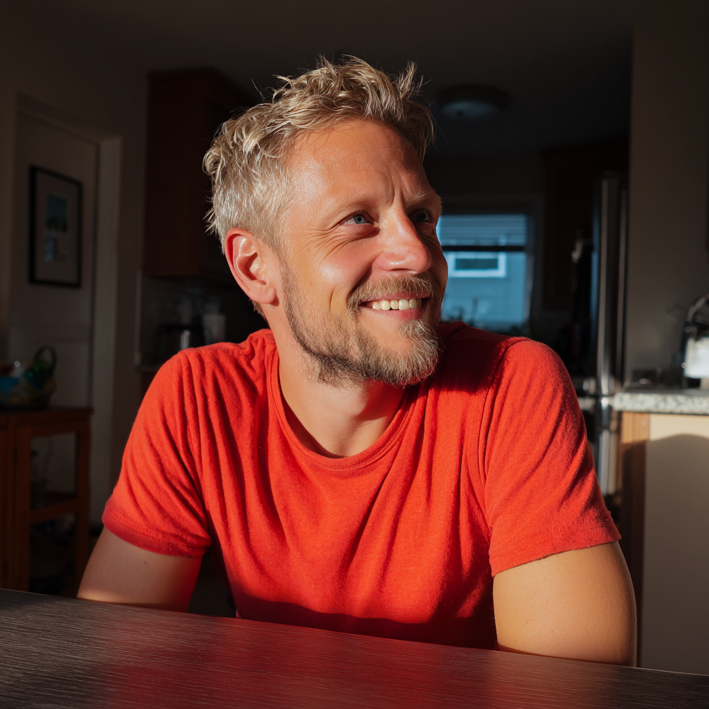 Un hombre sonriente sentado a la mesa de la cocina | Fuente: Midjourney