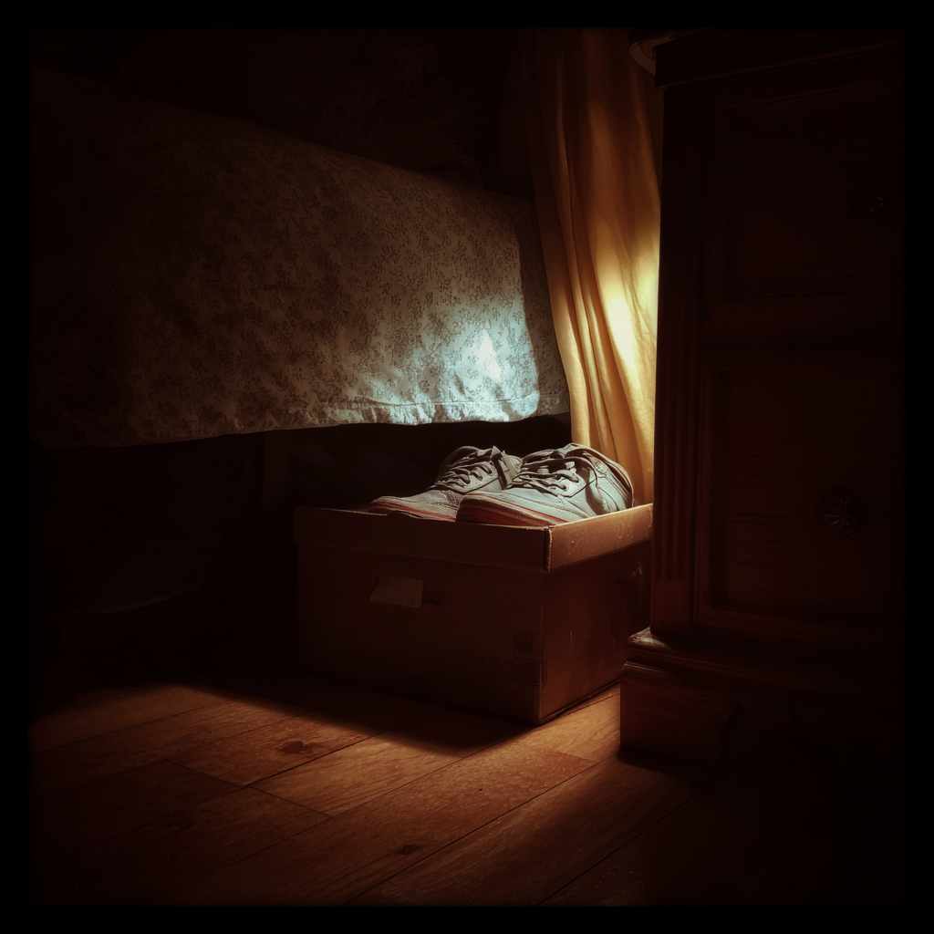 Una caja de zapatos junto a una cama | Fuente: Midjourney