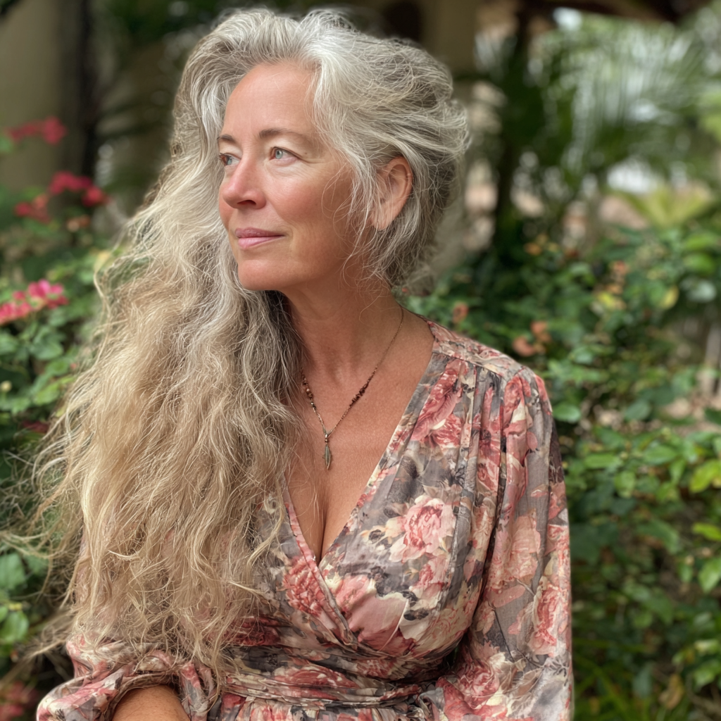 Una anciana sonriente con un vestido de flores | Fuente: Midjourney