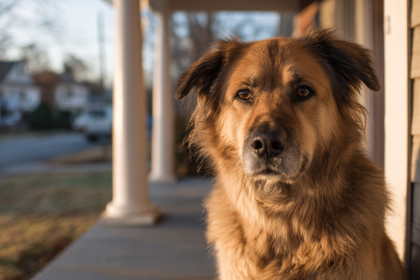 Un perro sentado en el porche | Fuente: Midjourney