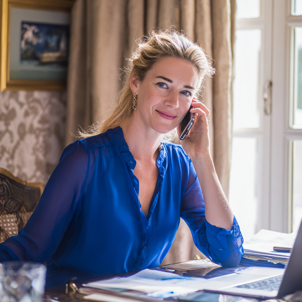 Una mujer sonriente hablando por teléfono | Fuente: Midjourney
