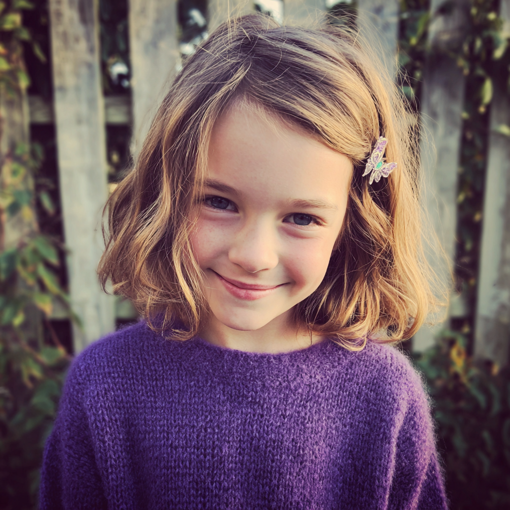 Una niña sonriente en el exterior | Fuente: Midjourney