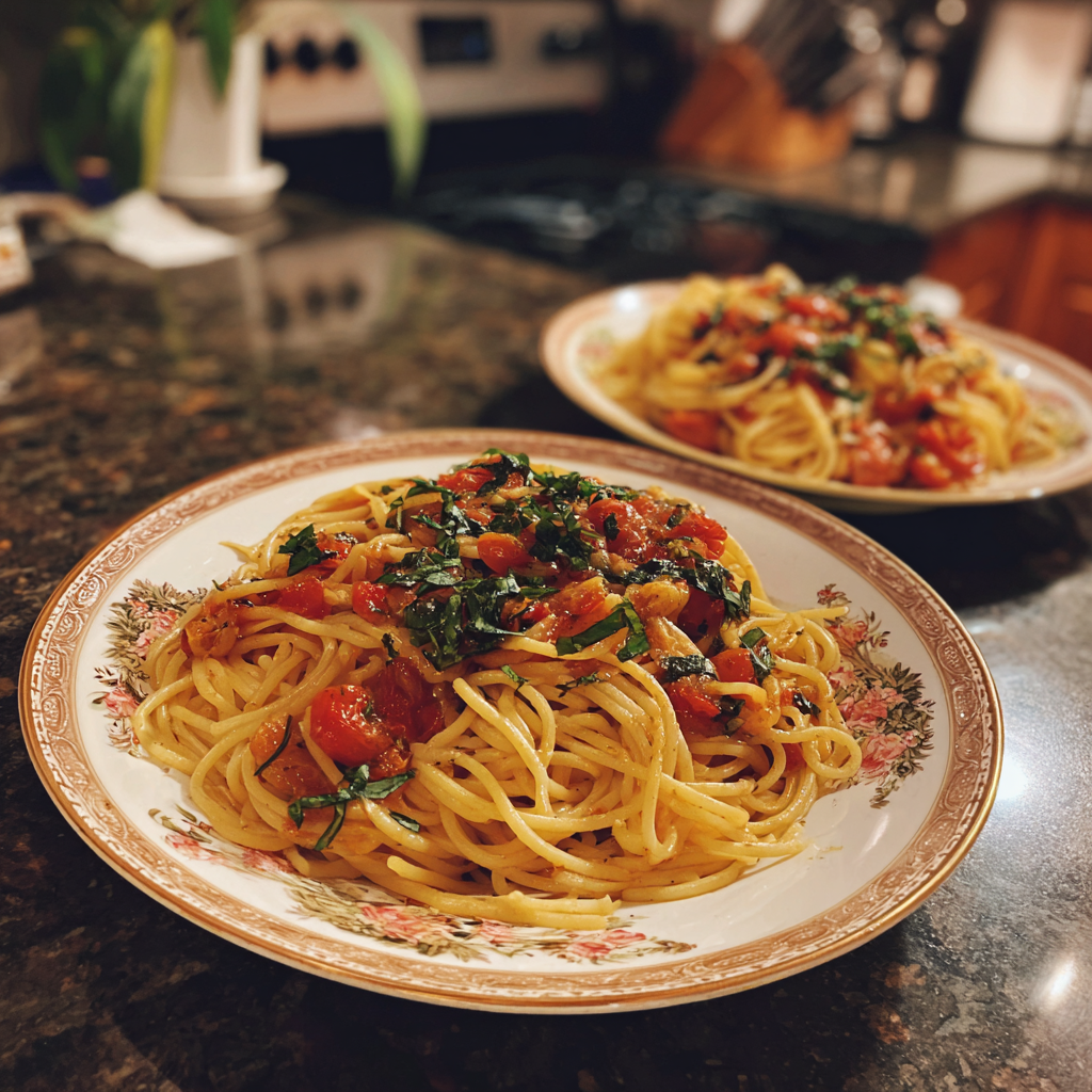 Dos platos de pasta en la encimera de una cocina | Fuente: Midjourney