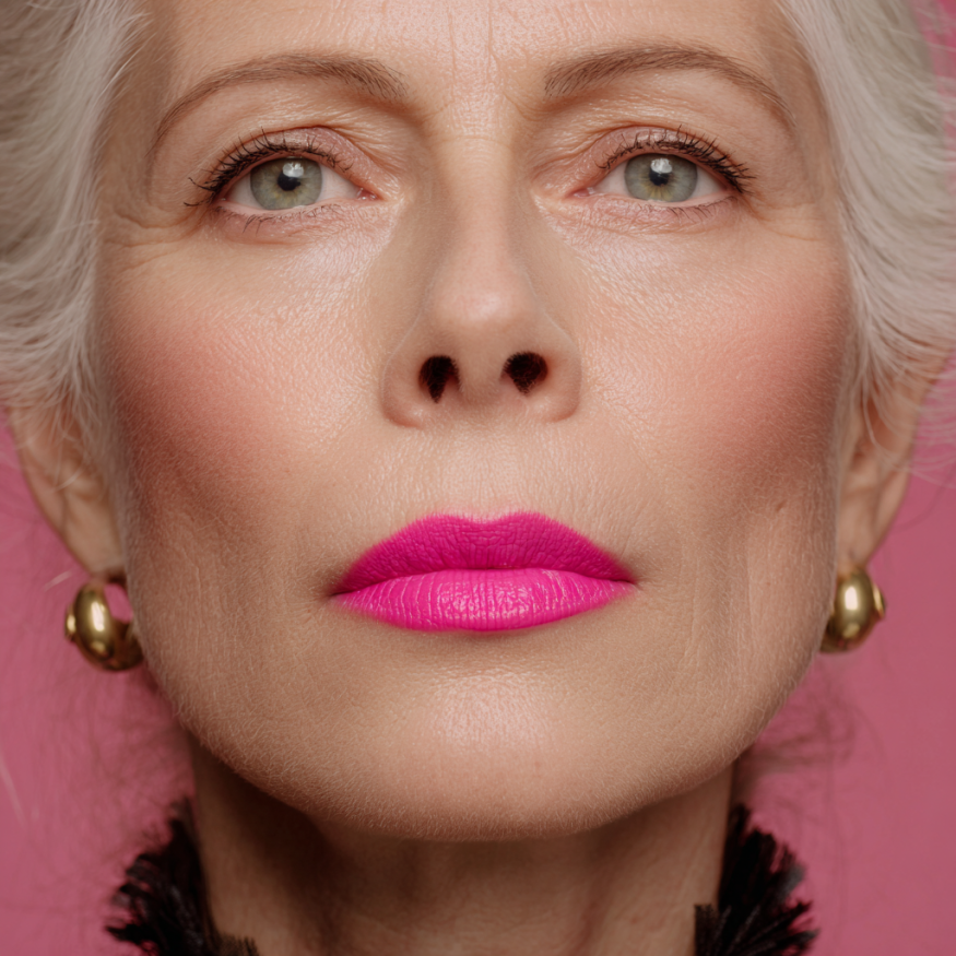 Una mujer con lápiz labial rosa | Fuente: Midjourney