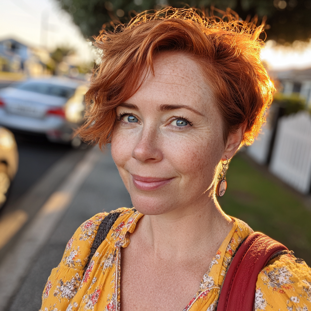 Una mujer sonriente de pie en una acera | Fuente: Midjourney