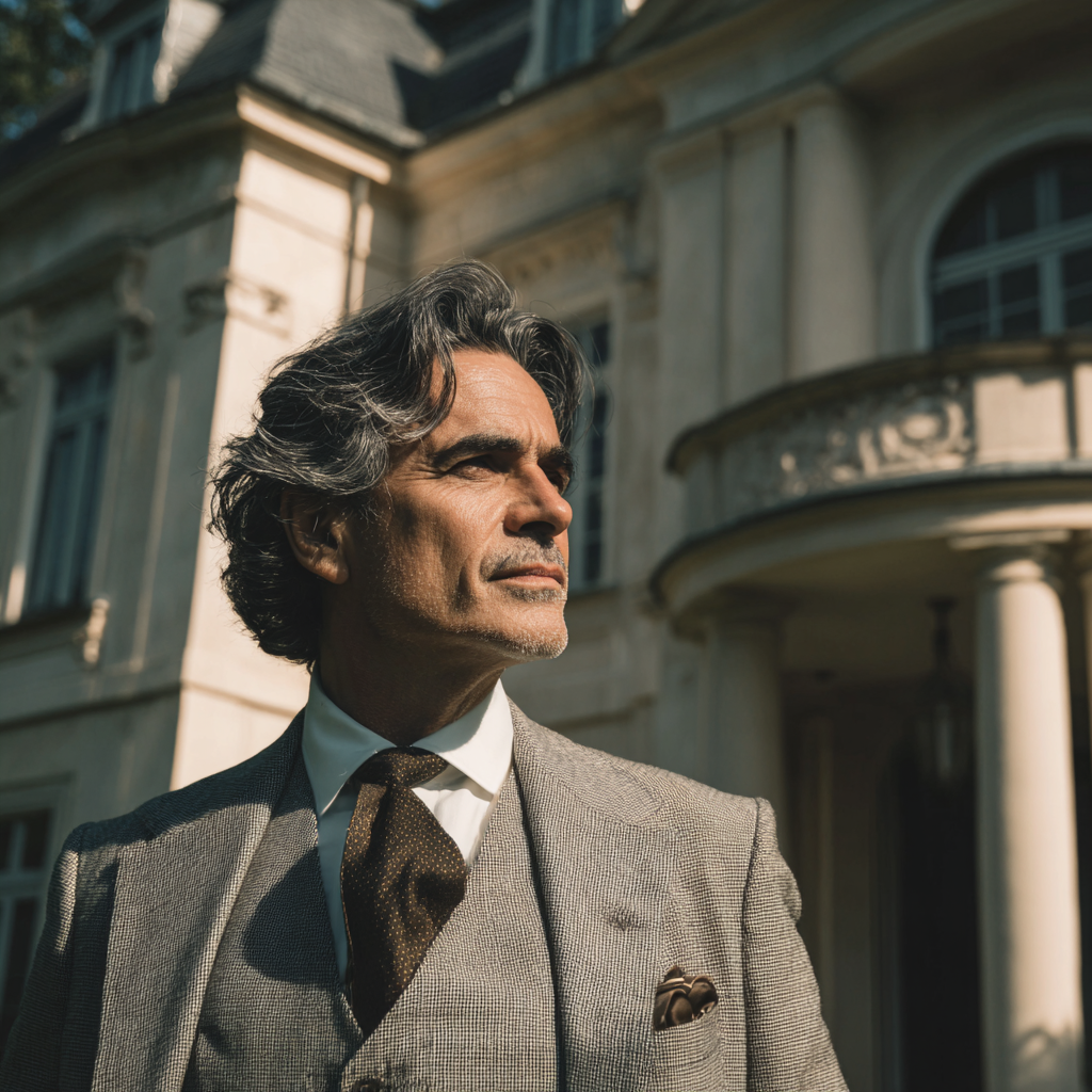 Un hombre vestido con un traje gris | Fuente: Midjourney