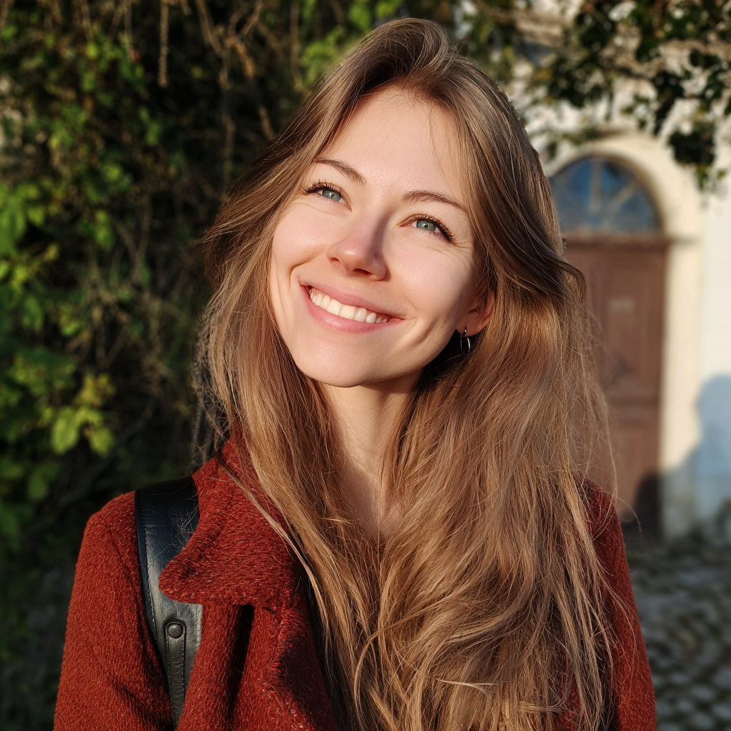 Una mujer sonriente con un abrigo rojo | Fuente: Midjourney