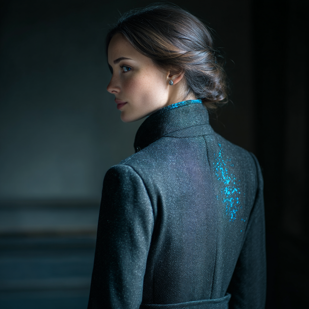 Una mujer seria con pintura salpicada en su abrigo | Fuente: Midjourney