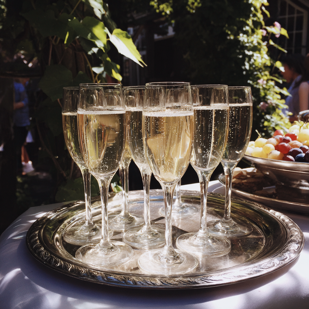 Copas de champán en una bandeja | Fuente: Midjourney