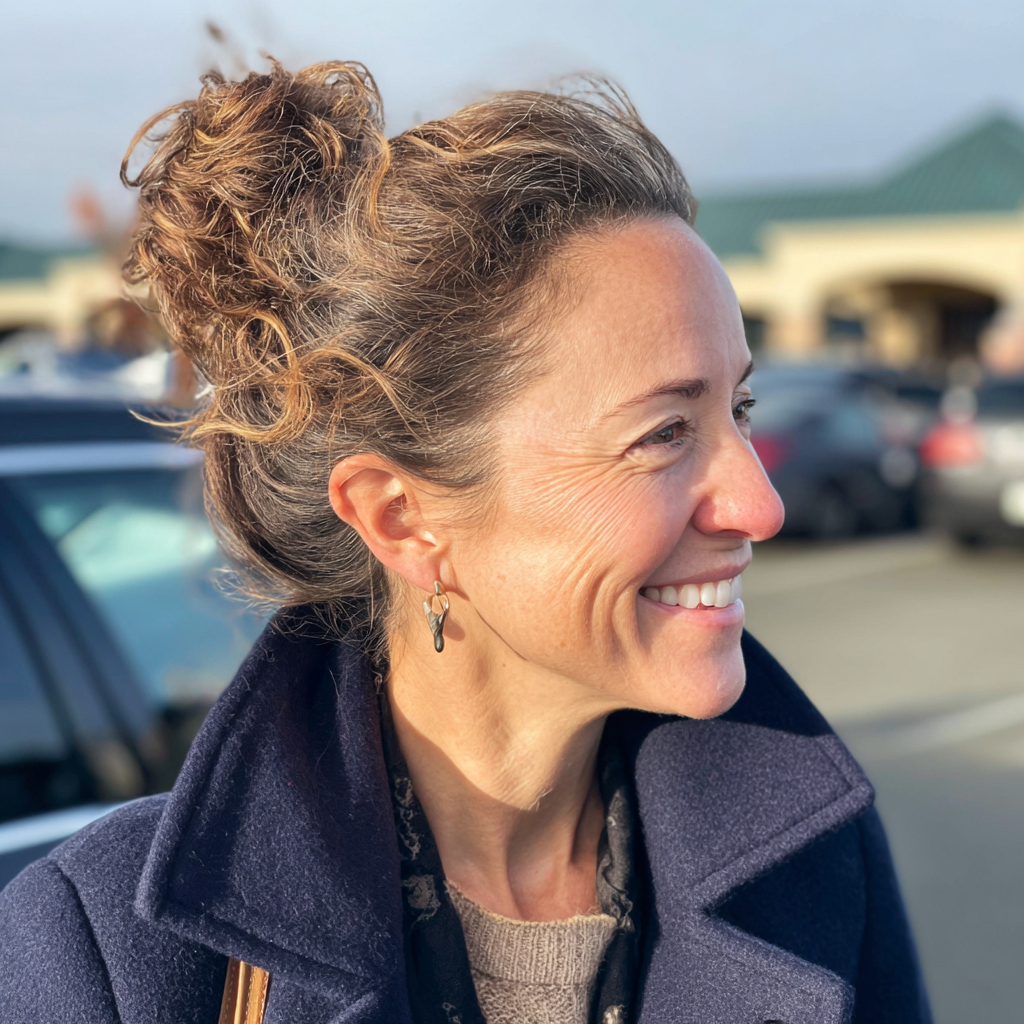 Una mujer sonriente de pie en un estacionamiento | Fuente: Midjourney