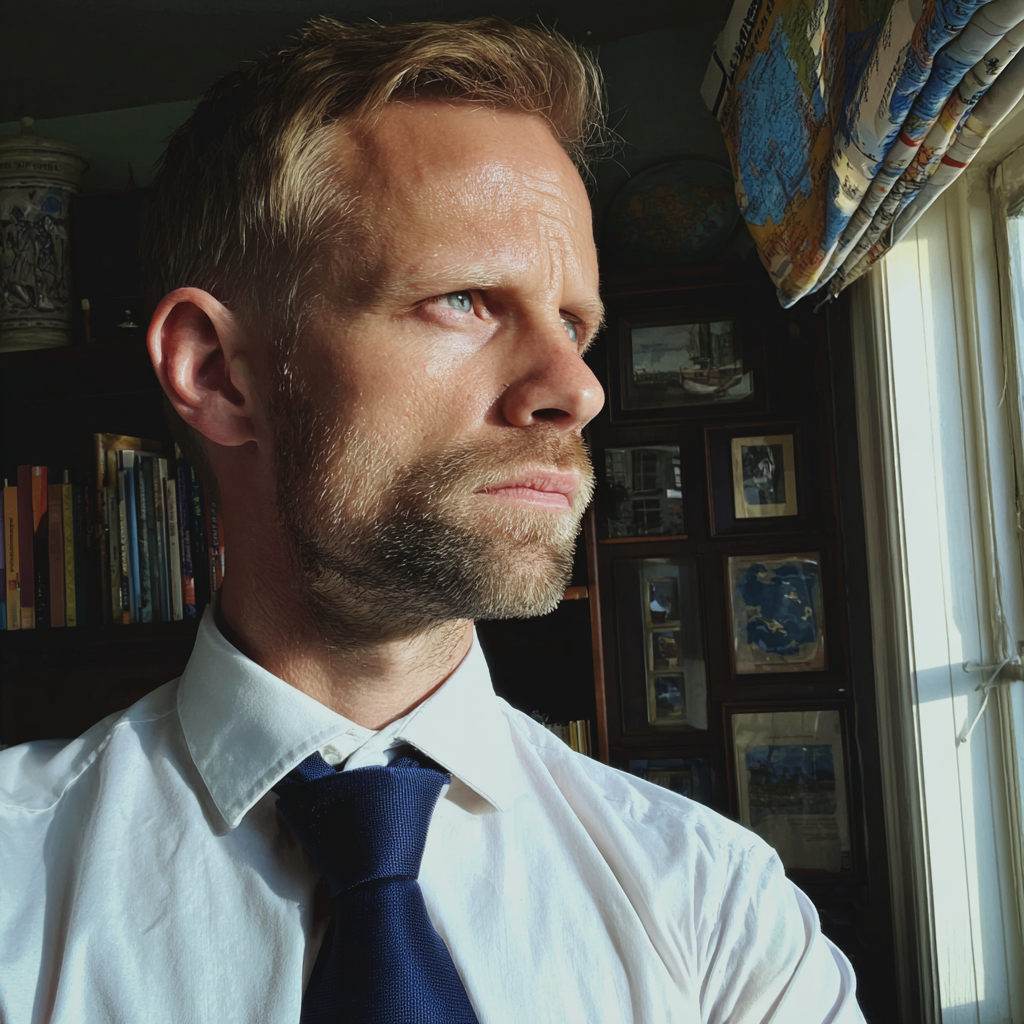 Un hombre ceñudo con una corbata azul | Fuente: Midjourney