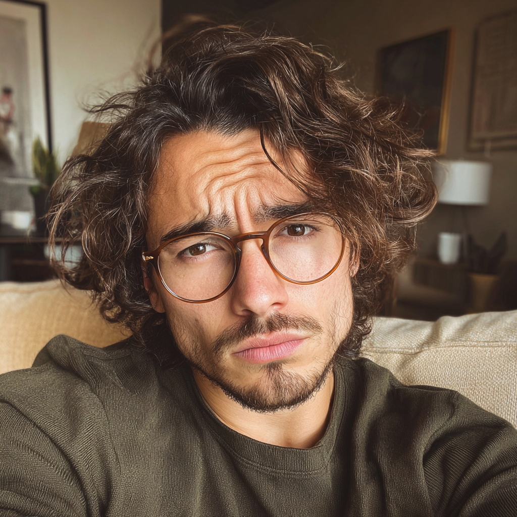 Un hombre ceñudo sentado en un sofá | Fuente: Midjourney